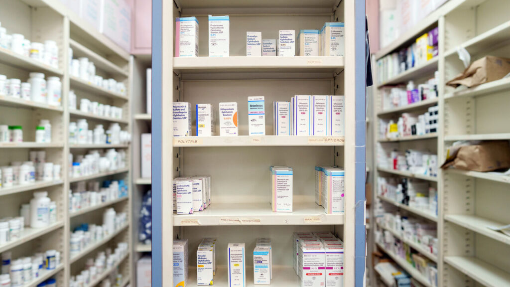 Medications are stored on shelves at a pharmacy in Los Angeles.