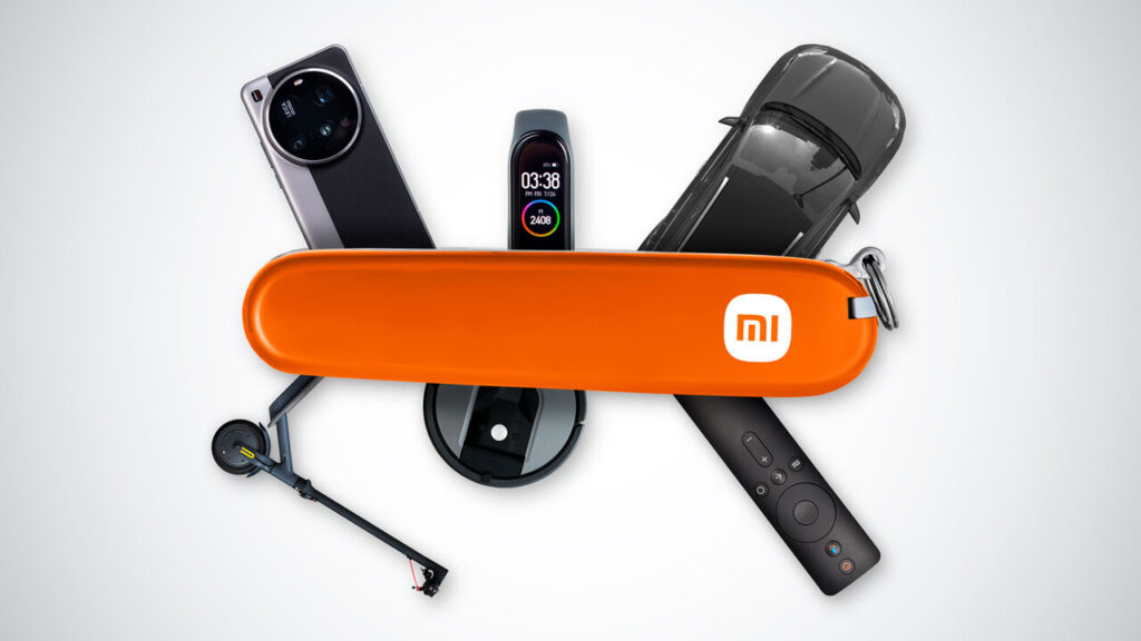 A swiss knife with the logo of Xiaomi on it and products of the company coming out of it.