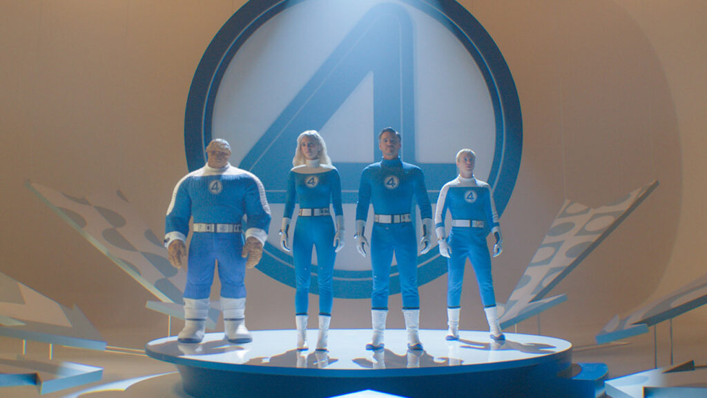 (L-R): Ebon Moss-Bachrach as Ben Grimm/The Thing, Vanessa Kirby as Sue Storm/Invisible Woman, Pedro Pascal as Reed Richards/Mister Fantastic and Joseph Quinn as Johnny Storm/Human Torch in 20th Century Studios/Marvel Studios' The Fantastic Four: First Steps