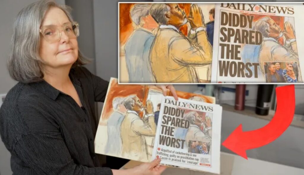 Courtroom sketch artist Elizabeth Williams holds up her rendering of the final moment of Sean "Diddy" Combs' federal Trial. (Source: THR)