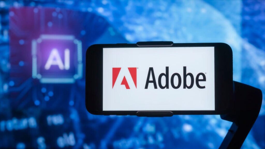 adobe logo on phone in front of a blue and purple electric background with AI in a chip square