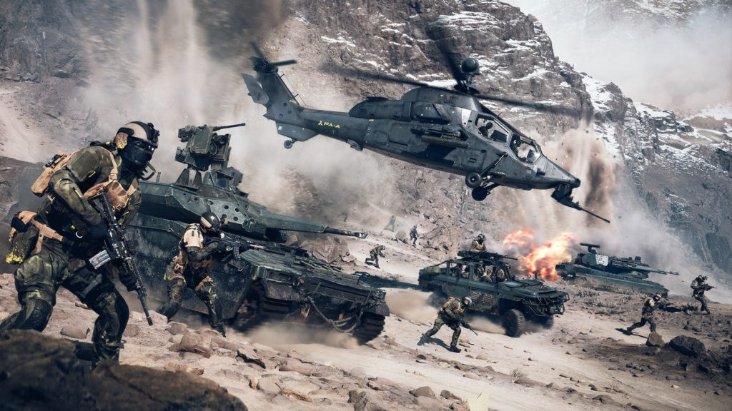 A large group of soldiers surrounding tanks, an armored jeep and a helicopter flying over a mountainous desert terrain.