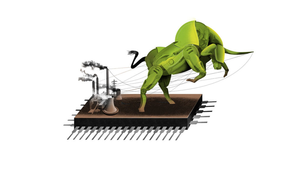 A computer chip in top of which are various American energy suppliers working hard to supply energy to the Al robotic bull which is being held back by the cables rather than powered forward.