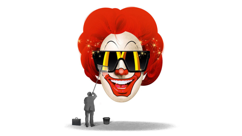 Large Ronald McDonald head wearing sunglasses with a smaller figure cleaning the glasses