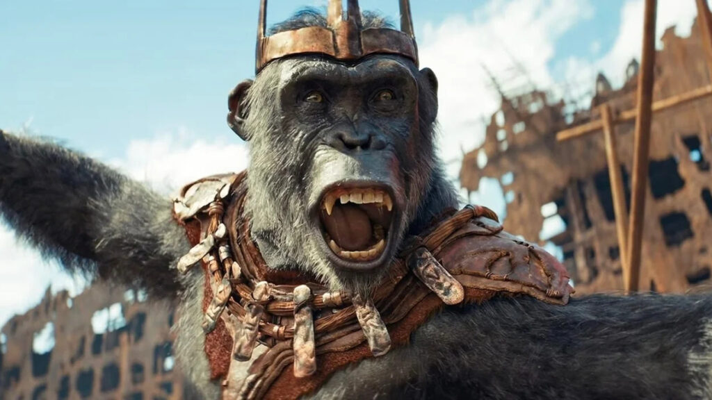 A still from Kingdom of the Planet of the Apes, one of the best new Prime Video movies, of Proximus Caesar shouting