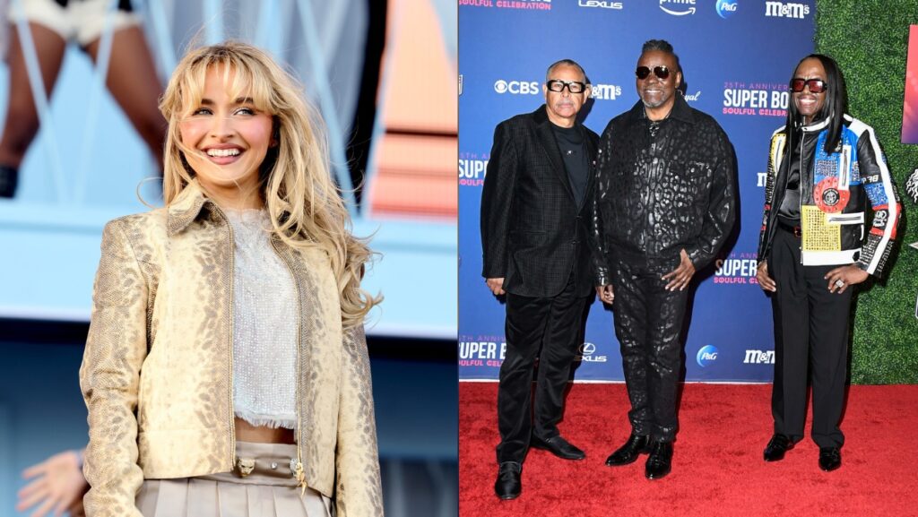 Sabrina Carpenter and Earth, Wind & Fire in a split image