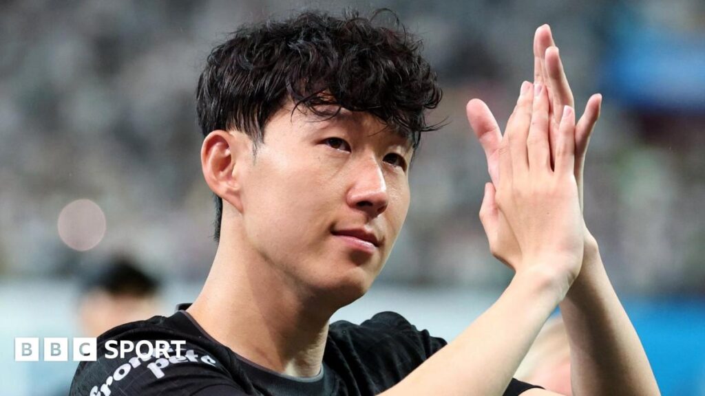 Son Heung-min applauds supporters at Seoul World Cup Stadium after playing his final game for Tottenham