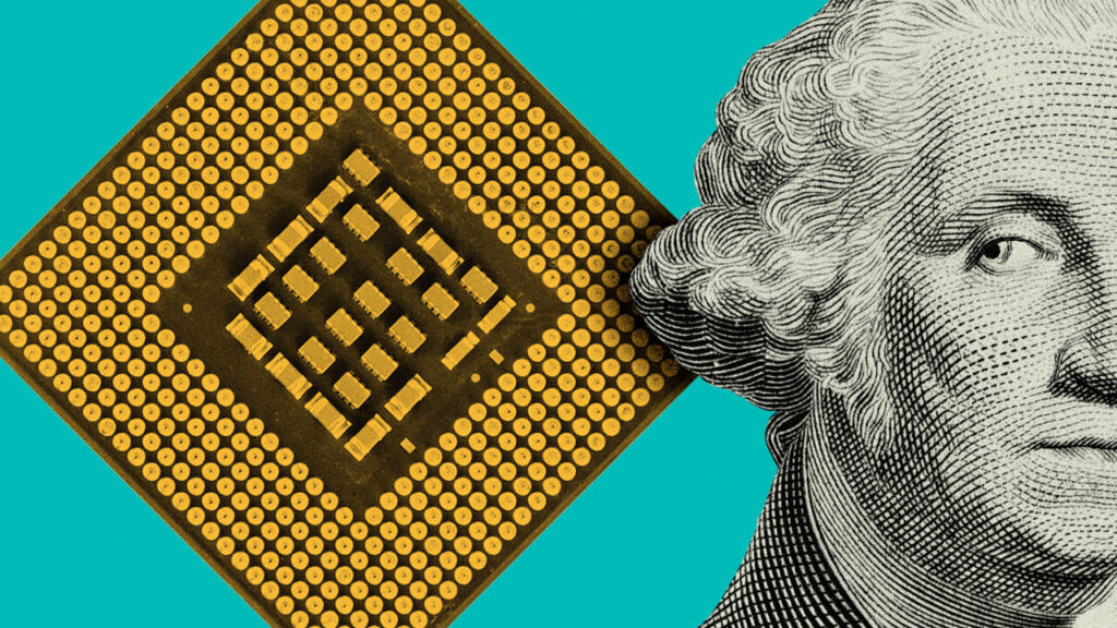 George Washington eyeing a micro chip.