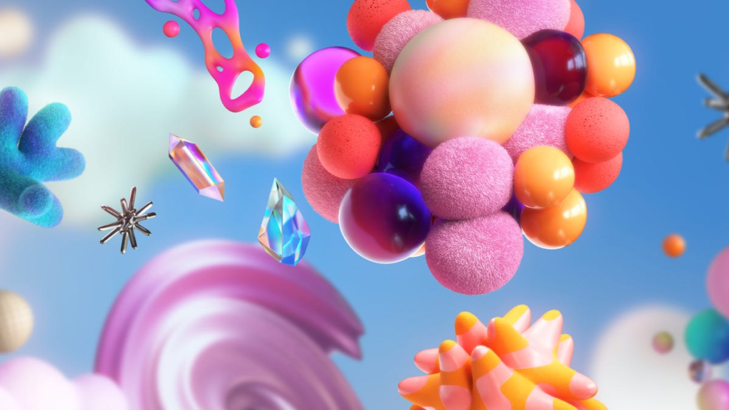 A colorful, dreamy wallpaper with multicolor objects floating in the sky.