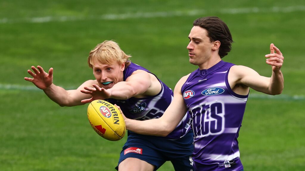 GEELONG, AUSTRALIA - SEPTEMBER 01: Gryan Miers of the Cats kicks for goal during a Geelong Cats AFL training session at GMHBA Stadium on September 01, 2025 in Geelong, Australia. (Photo by Daniel Pockett/Getty Images)