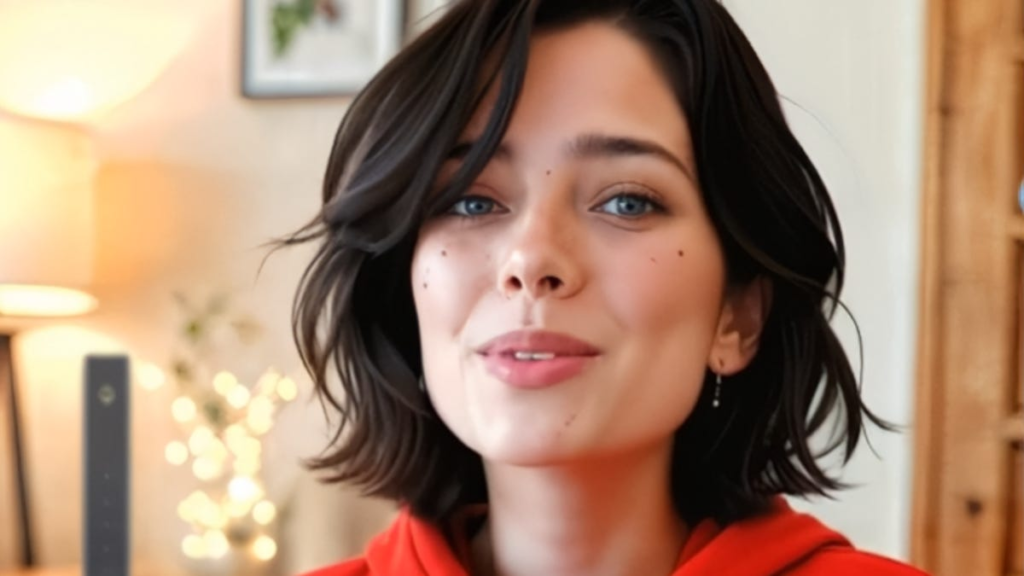 An AI-generated woman in a red hoodie.