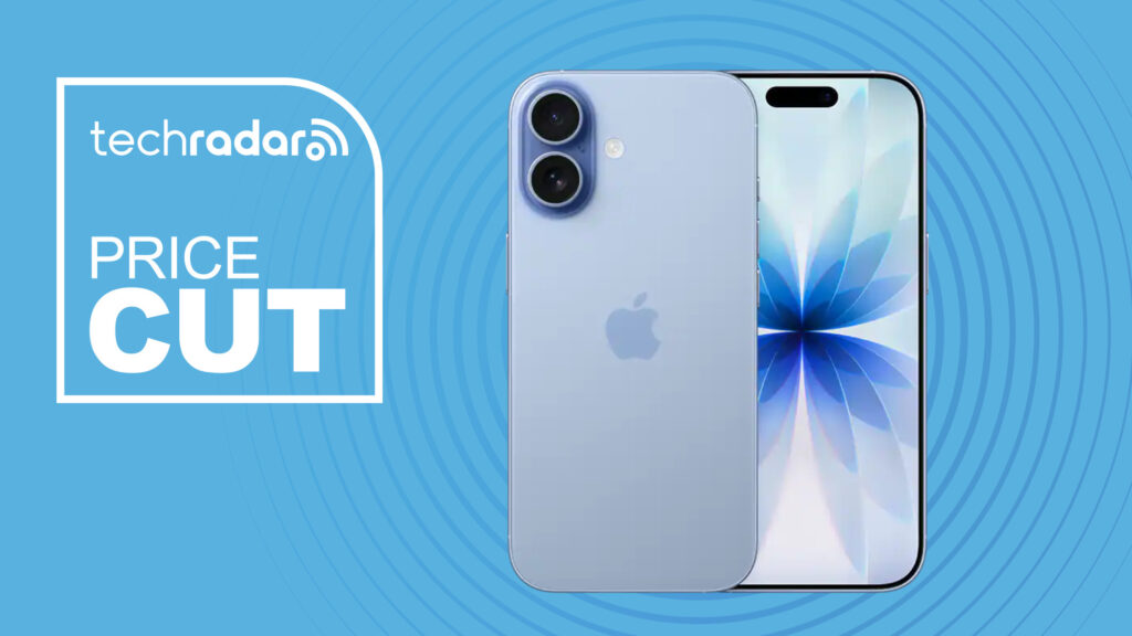 Apple iPhone 17 on blue background with price cut text overlay