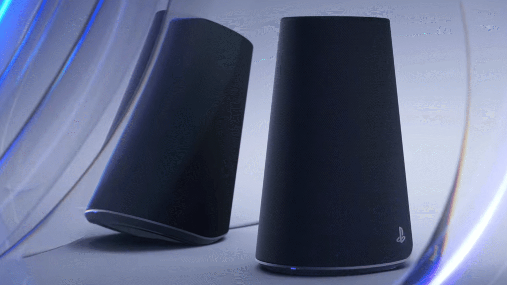 Sony Pulse Elevate speakers in black against a swirly blue background