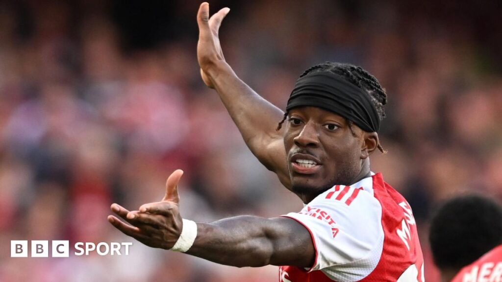 Arsenal forward Noni Madueke gesticulates during a match