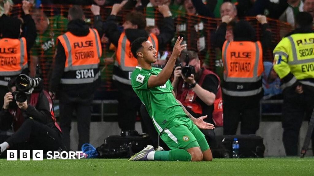 Adam Idah celebrates his goal for the Republic of Ireland against Hungary