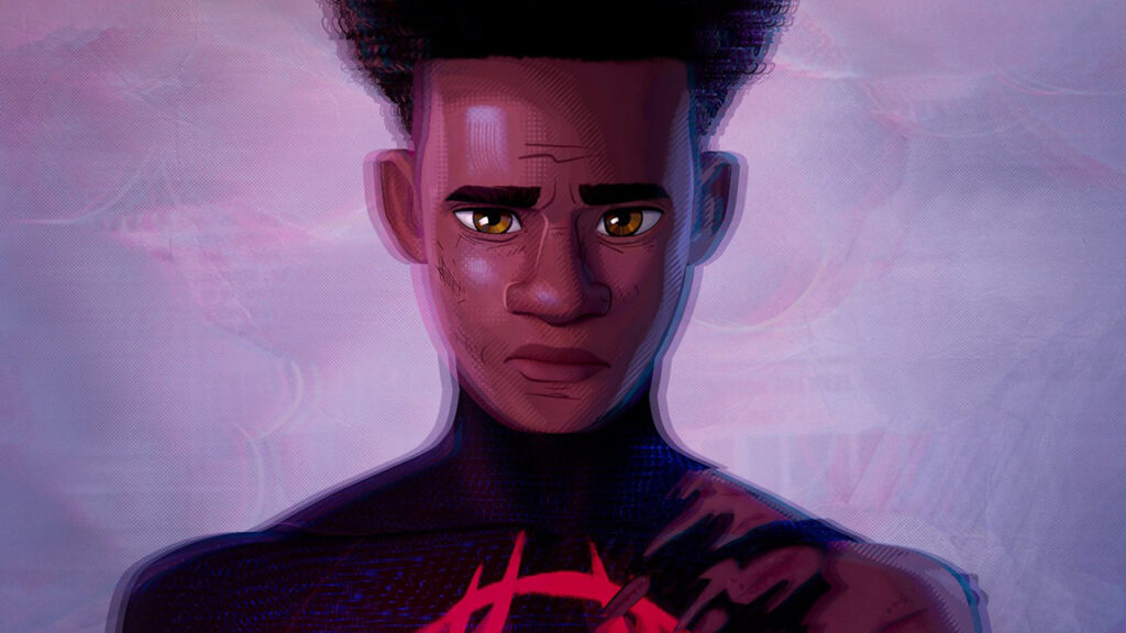 A screenshot of a demasked Miles Morales in his ripped superhero suit in Spider-Man: Beyond the Spider-Verse