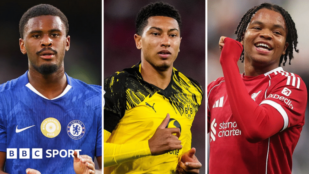 Chelsea's Jorrel Hato (left), Borussia Dortmund's Jobe Bellingham (central) and Liverpool's Rio Ngumoha