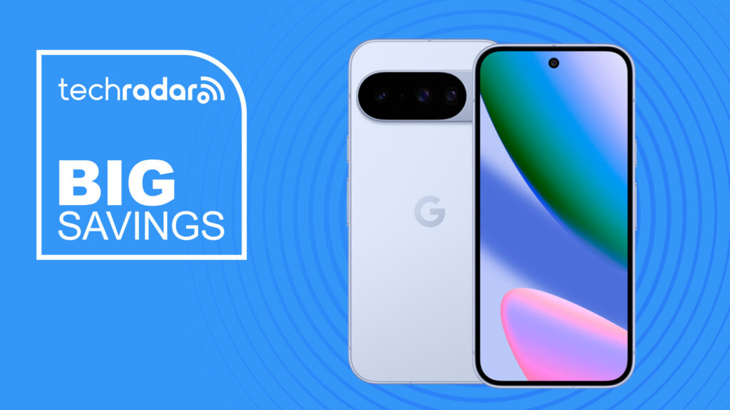 Google Pixel 10 on blue background with big savings text overlay