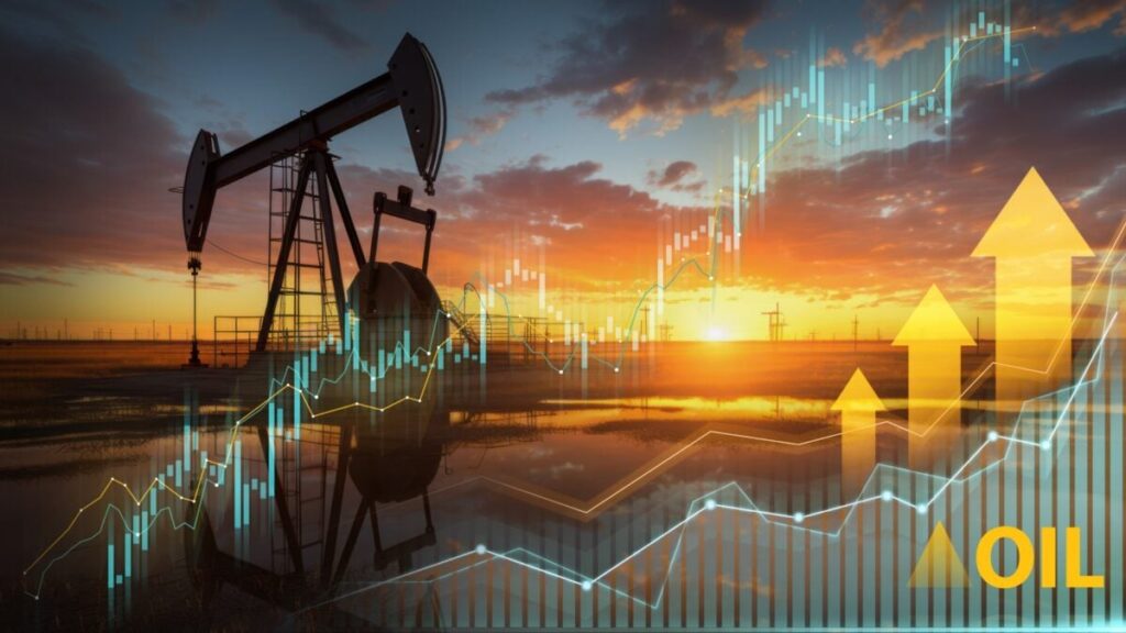 Oil,pump,jack,silhouette,with,financial,graphs,at,sunset,symbolizing