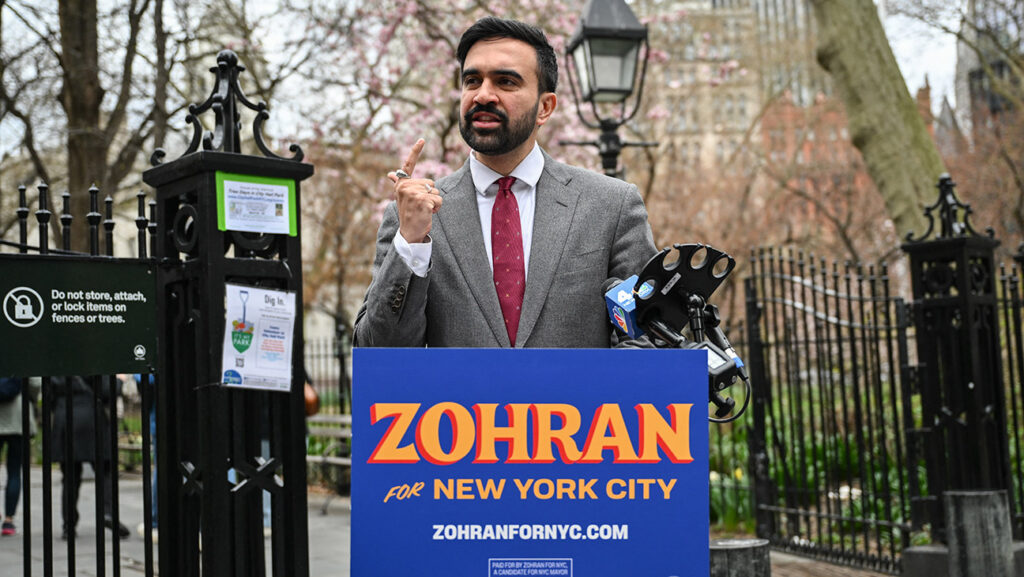 New York City mayoral candidate and Democratic State Representative Zohran Mamdani campaigns in New York City on April 16, 2025.