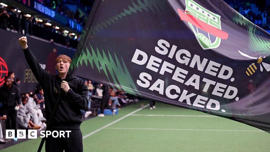 Baller League CEO Felix Starck assesses success of brand before season two AngryGinge holds a flag that reads 'Signed. Defeated. Sacked'.