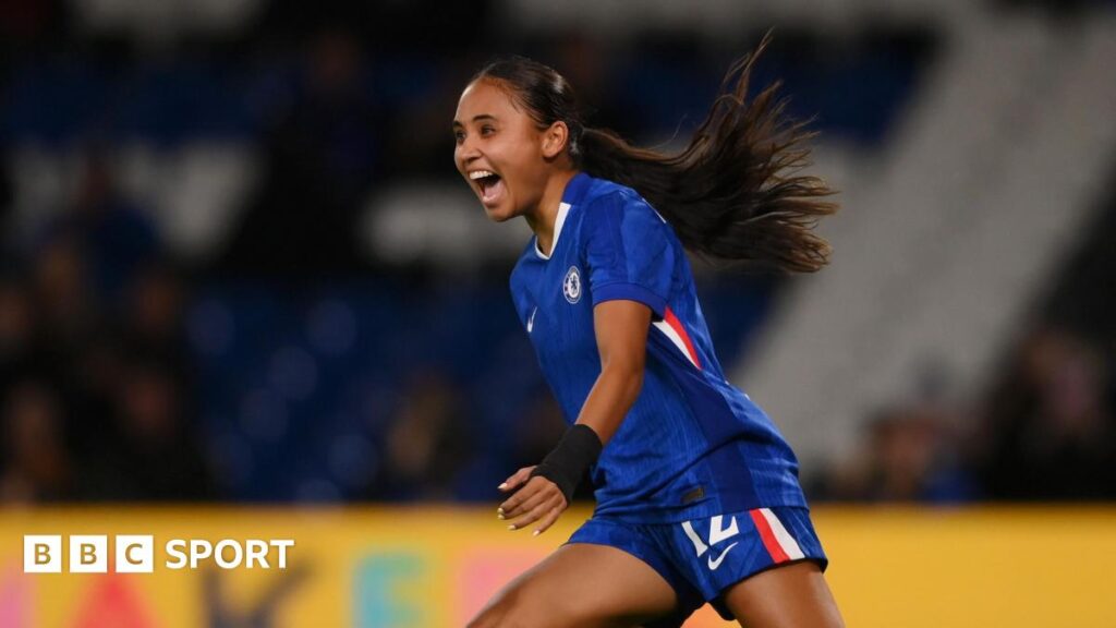 Alyssa Thompson celebrates after scoring against Paris FC in the Women's Champions League