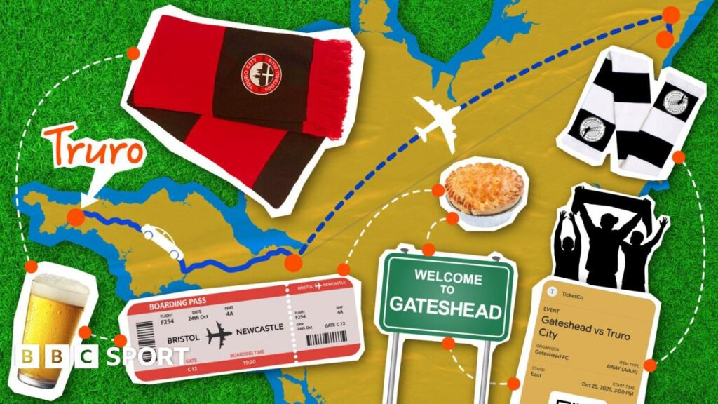 Gateshead vs Truro: Fans travel 914 miles for furthest away match in English football history A graphic image showing the route from Truro to Gateshead