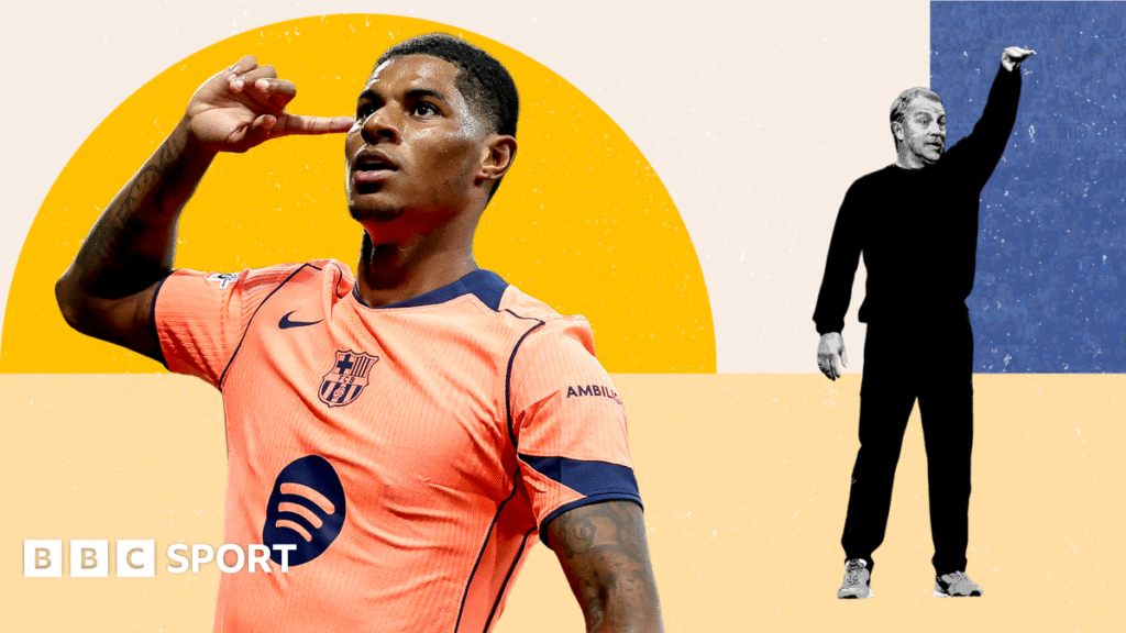Manchester United: Why Marcus Rashford is thriving at Barcelona An image of Rashford celebrating and Hansi Flick gesturing in the background