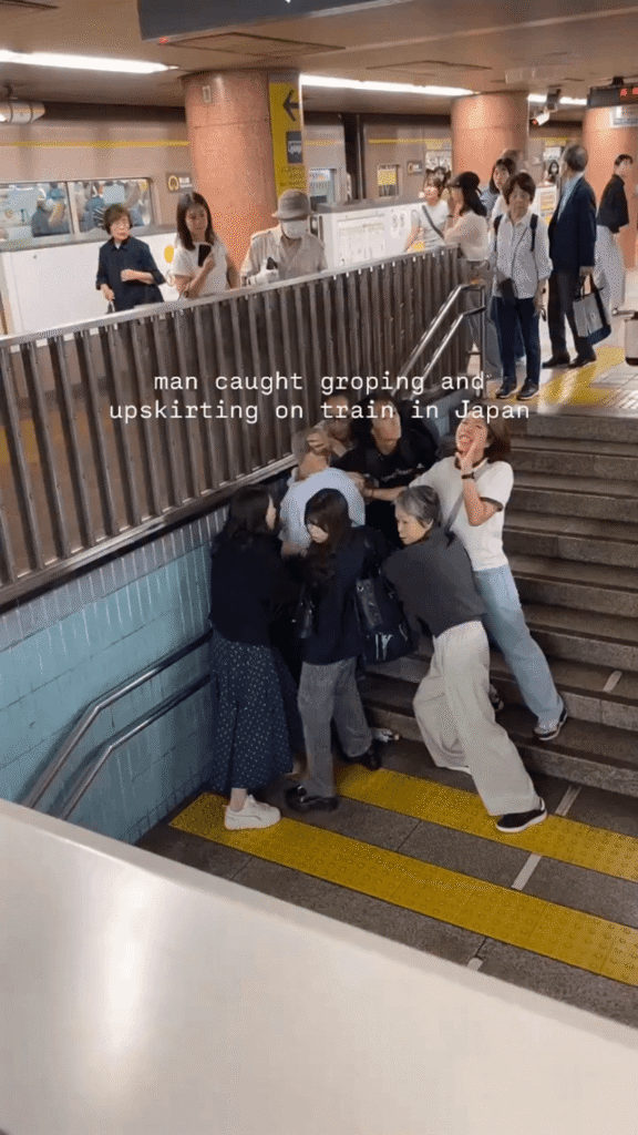 People come together to stop a man who was caught groping and taking unsolicited photos of women on a train in Japan.