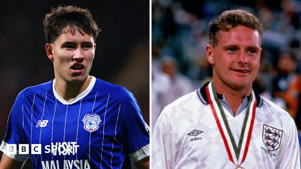 Rubin Colwill can be Cardiff City’s Gazza, says ex-boss Neil Warnock On the left, Rubin Colwill on blue short of Cardiff City. On the right is Paul Gascogne in white shirt of England and wearing a medal.