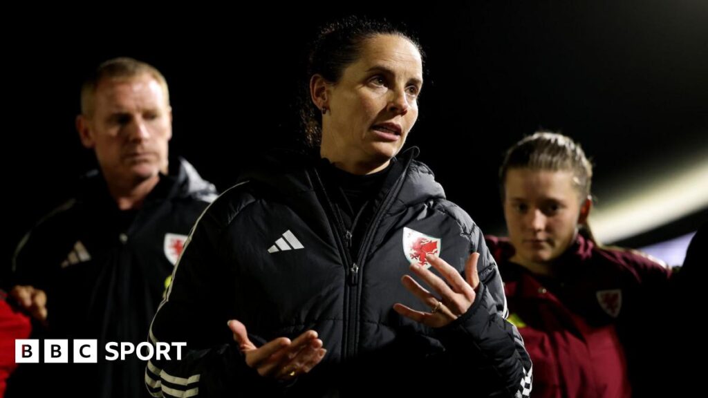 Wales: Nations League B return a ‘huge positive’ – Rhian Wilkinson Rhian Wilkinson speaks to her players after the Poland loss