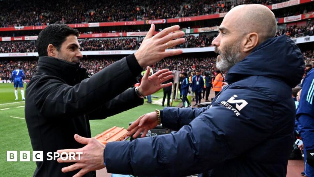 Mikel Arteta and Enzo Maresca hug at the Emirates Stadium in March 2025