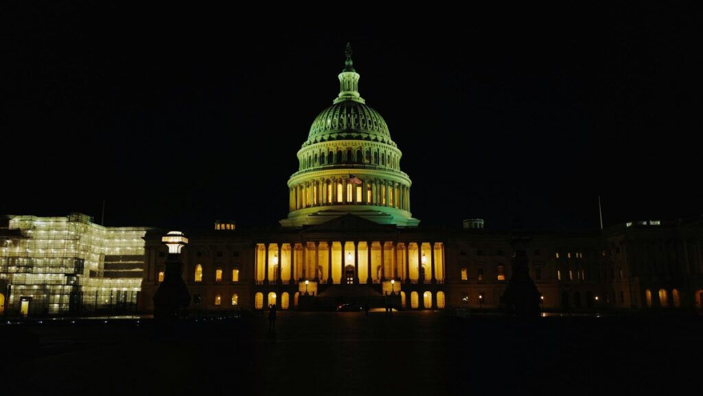 A night view of the U.S. Congress building in Washington, D.C.