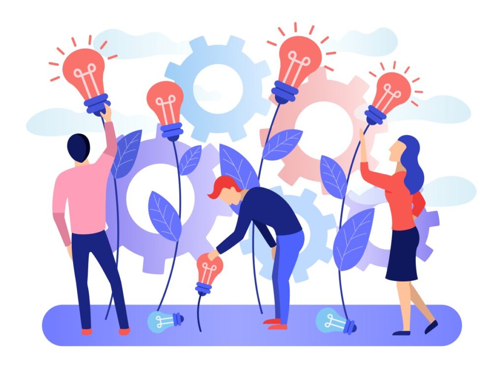 Databricks co-founder argues US must go open source to beat China in AI Image of a group of people collecting the fruits of plants in the form of a light bulb idea with gears in the background.