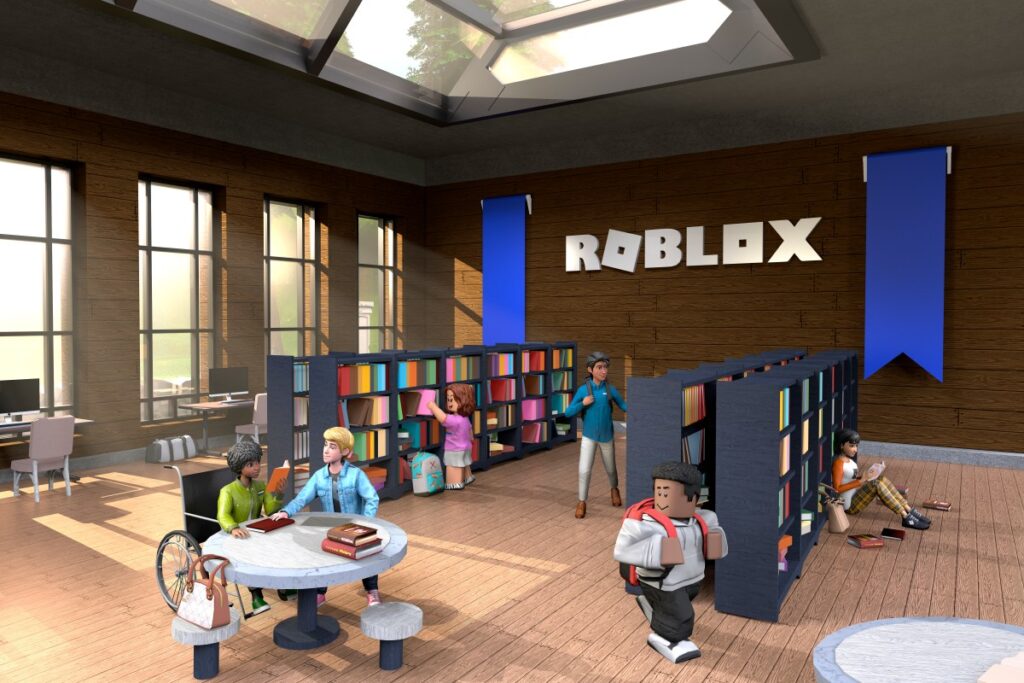 Roblox avatars in a library room in front of the company logo.