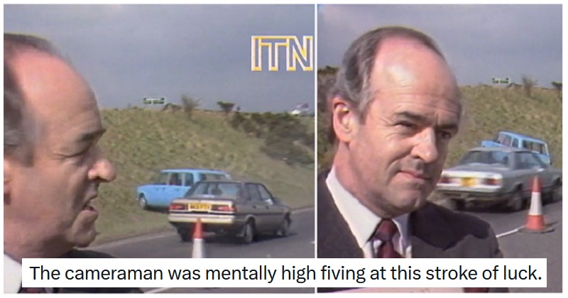 This is either the best or worst timing for a minor traffic accident, but it’s definitely a classic of live TV