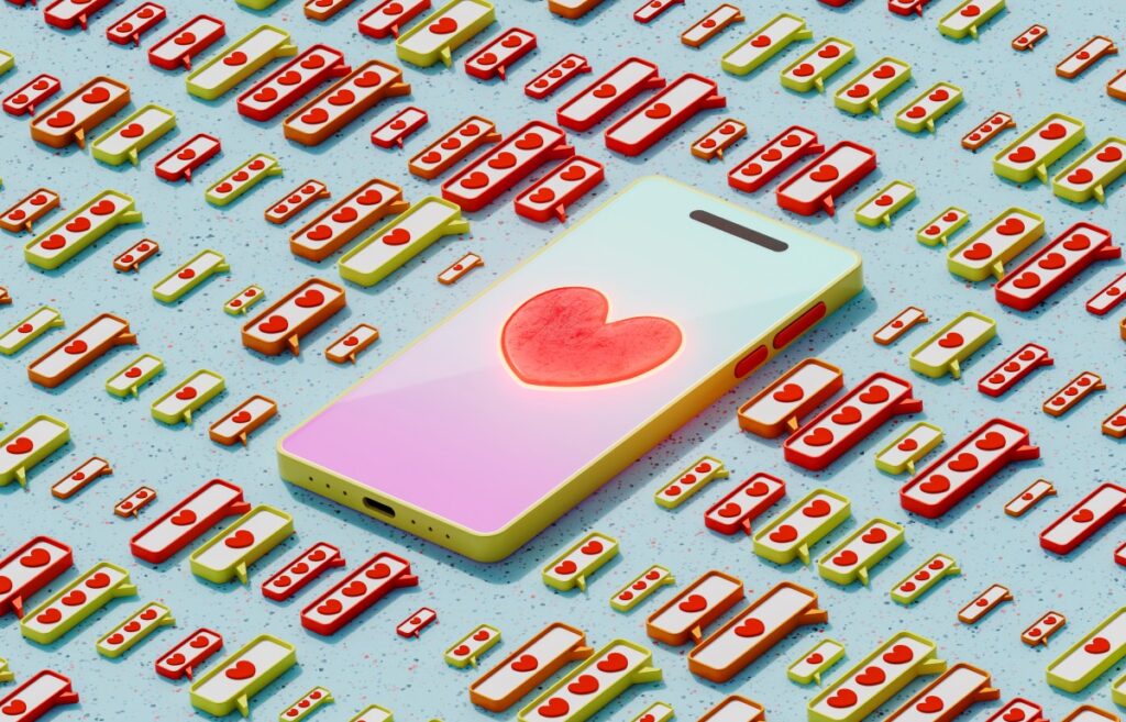 Wait, people actually use Facebook Dating? Mobile phone with heart symbol and icons