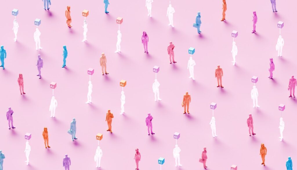 3D rendered conceptual illustration of numerous business figures evenly scattered across a soft pink background: solid colored human workers standing alongside identical translucent ghost-like figures, each translucent worker marked by a glowing “AI” symbol hovering above – powerful visualization of artificial intelligence replacing human workforce, solid employees mixed with their AI-replaced counterparts, automation displacing jobs, digital transformation eliminating roles, technological unemployment, workforce disruption, future of work with AI substitution, and the new era where real human workers are gradually replaced by artificial intelligence.