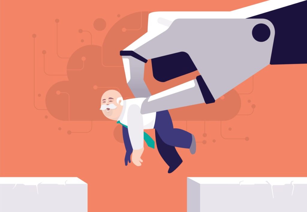 vector illustration of robot hand carrying senior man over cliff