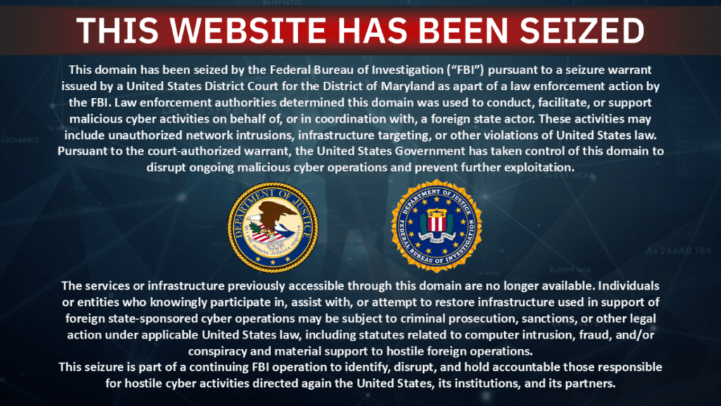 A website takedown and seizure notice by the FBI and the U.S. Department of Justice, which replaced the contents of two websites linked to the pro-Iranian hacktivist group Handala.