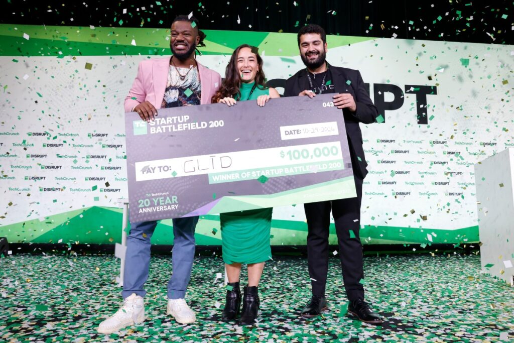 Kevin A. Damoa, Founder & CEO, Glīd, Claire Kroft and Ankit Malhotra, winners of the Startup Battlefield 2025, pose onstage during day three of TechCrunch Disrupt 2025 at Moscone Center on October 29, 2025 in San Francisco, California.