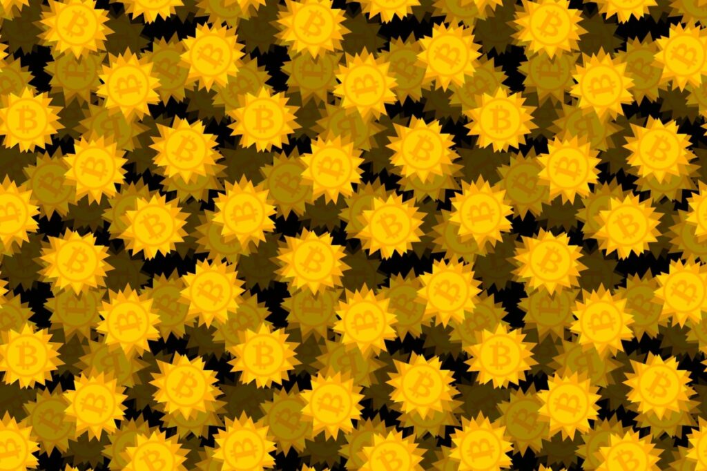 gold bitcoin logos featured on spiky-shaped coins on a darkened black background